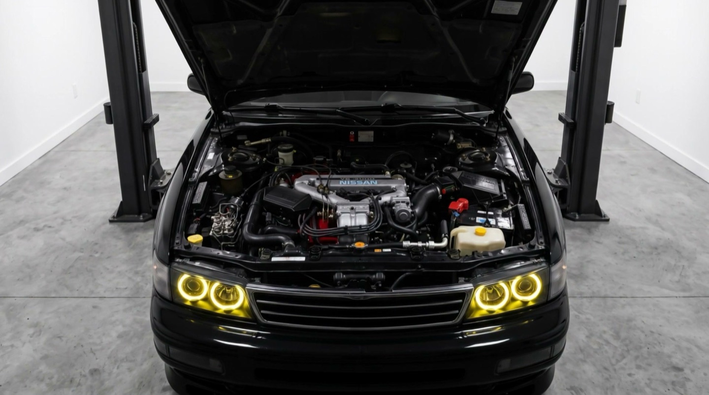 The engine bay with the hood up, with diagnostics, starting, electrical, and cooling labeled on their systems.