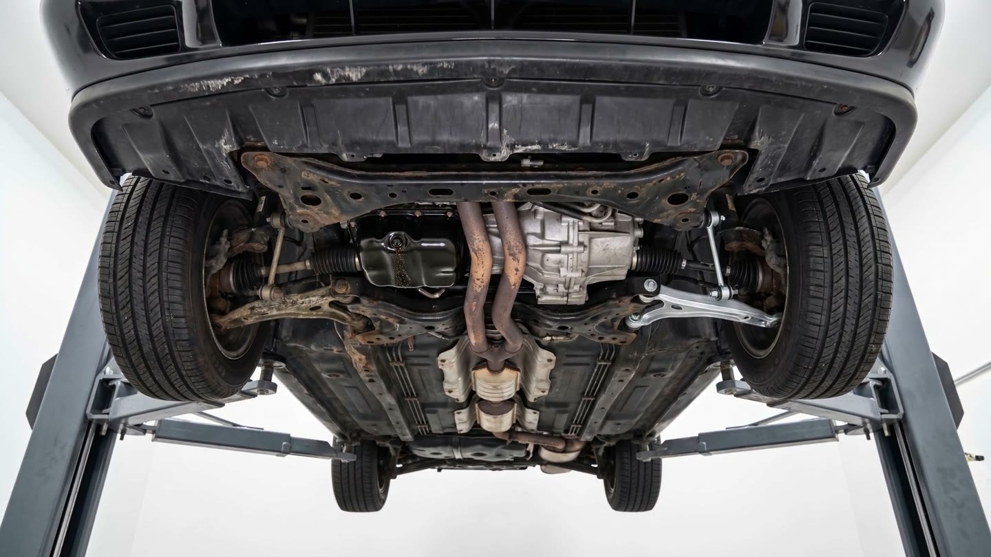 The underside of the car on Xavier's lift, with brakes, suspension, engine service, and clutch labeled on their systems.
